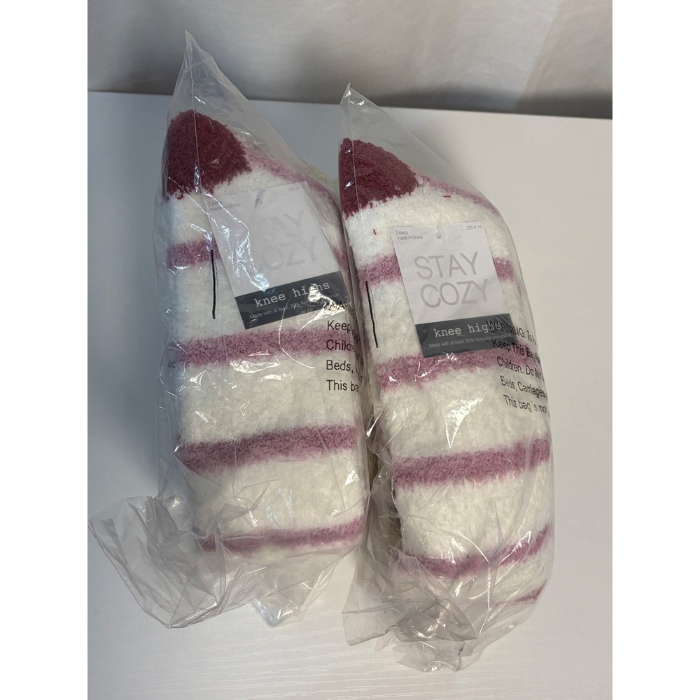 Stay Cozy Womens Fuzzy Knee High Socks 2-Pack Lot Striped Mauve Tan OS 4-10